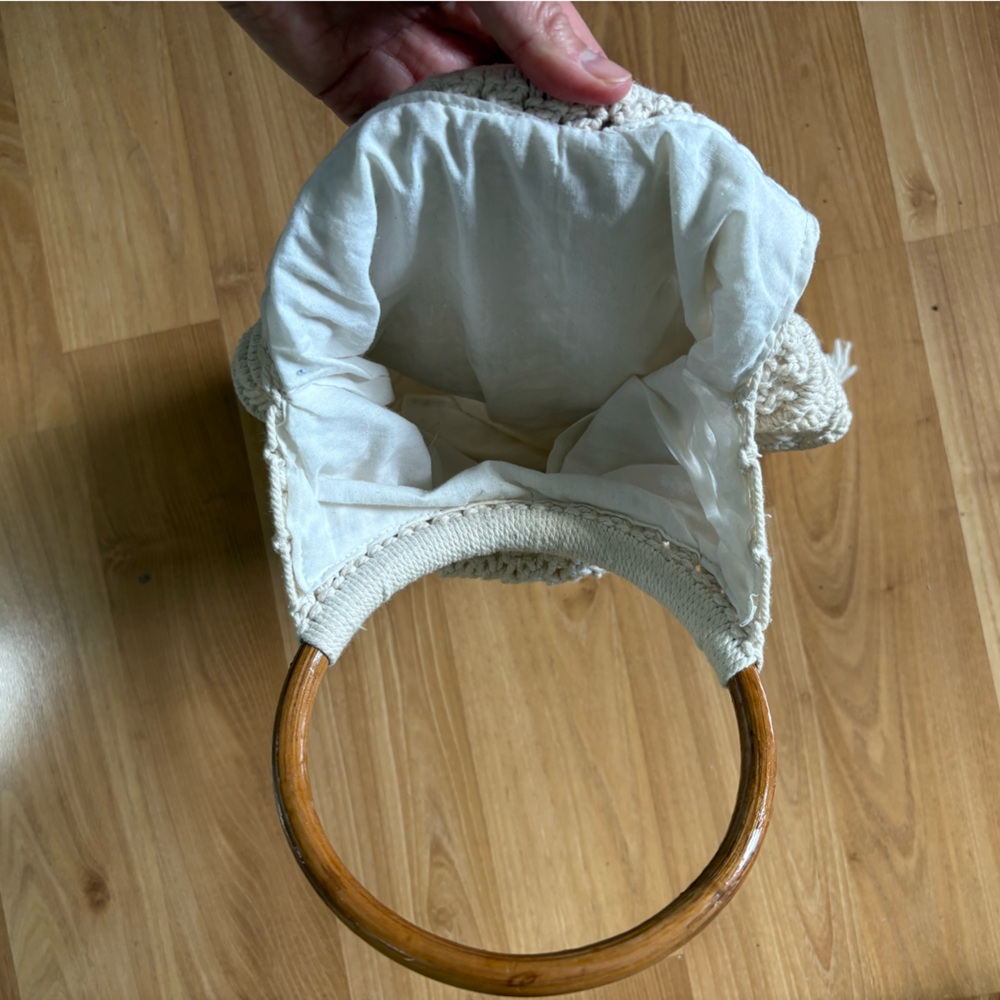 Cream Macrame Fringe Handbag with Wooden Round Handles - Picture 5 of 8